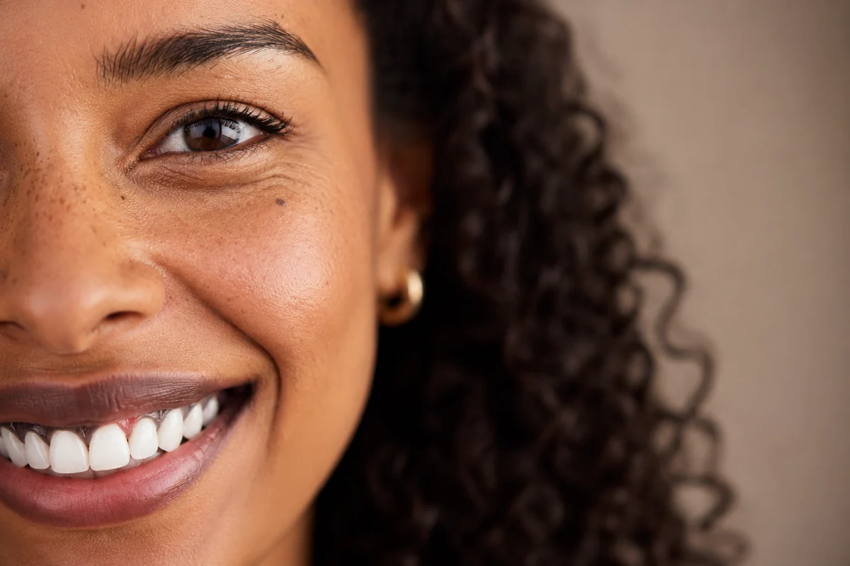 Sourire harmonieux avec des gencives saines et roses après dépigmentation gingivale, Elone Clinic Paris 16e